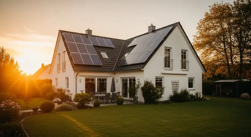 German detached house (Einfamilienhaus) with photovoltaic panels on pitched roof, well-maintained garden, warm afternoon sunlight