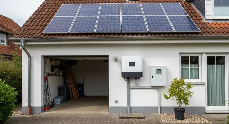 Modern solar inverter mounted on garage wall next to electrical panel, clean professional installation, natural daylight