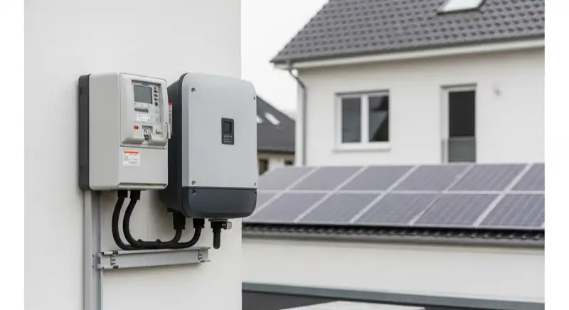 Modern German electrical meter cabinet (Zählerschrank) with smart meter and solar inverter connection, clean technical installation