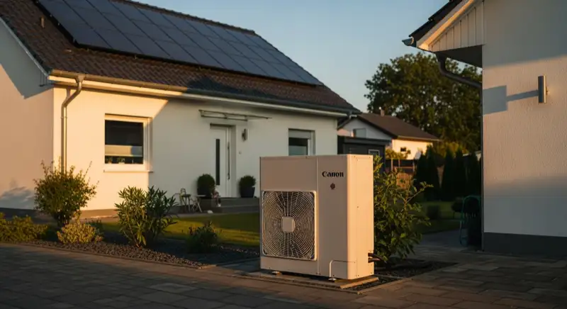 Wärmepumpen-Außeneinheit vor modernem Einfamilienhaus in Neubrandenburg mit PV-Anlage auf dem Dach