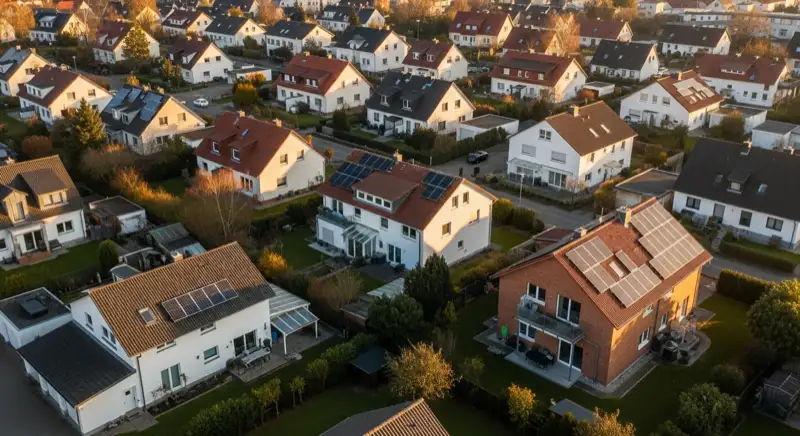 Aerial drone view of typical German residential neighborhood with mixed roof types, red and dark roof tiles, gardens visible, sunny day