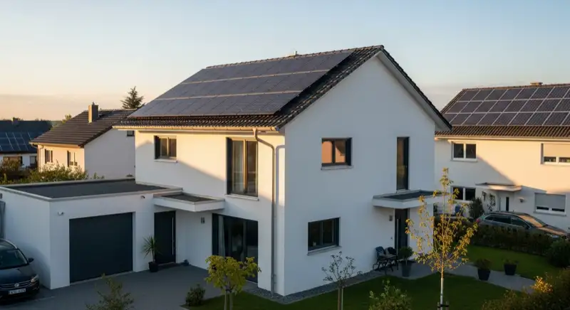 Einfamilienhausdach mit Photovoltaikanlage in moderner Wohnsiedlung in Neumarkt in der Oberpfalz