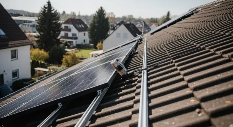 Installateur montiert PV-Module auf geneigtem Ziegeldach in einem Wohngebiet von Neumarkt in der Oberpfalz
