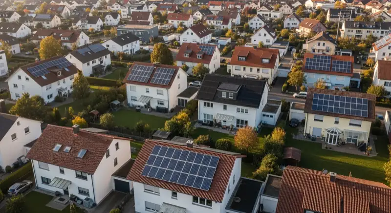Aerial drone view of typical German residential neighborhood with mixed roof types, red and dark roof tiles, gardens visible, sunny day