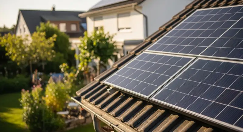 German detached house (Einfamilienhaus) with photovoltaic panels on pitched roof, well-maintained garden, warm afternoon sunlight