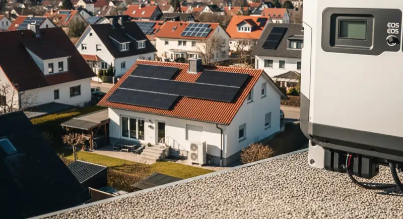 Aerial drone view of typical German residential neighborhood with mixed roof types, red and dark roof tiles, gardens visible, sunny day