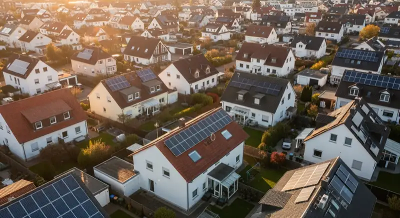 Aerial drone view of typical German residential neighborhood with mixed roof types, red and dark roof tiles, gardens visible, sunny day