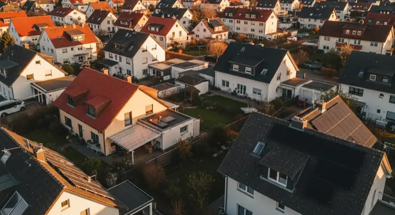 Aerial drone view of typical German residential neighborhood with mixed roof types, red and dark roof tiles, gardens visible, sunny day