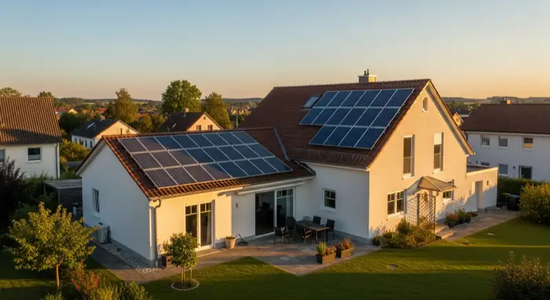 German detached house (Einfamilienhaus) with photovoltaic panels on pitched roof, well-maintained garden, warm afternoon sunlight