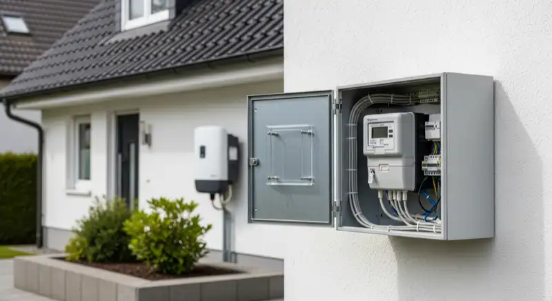 Modern German electrical meter cabinet (Zählerschrank) with smart meter and solar inverter connection, clean technical installation