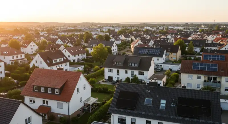 Aerial drone view of typical German residential neighborhood with mixed roof types, red and dark roof tiles, gardens visible, sunny day
