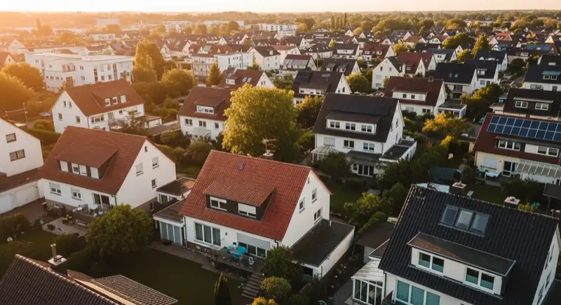 Aerial drone view of typical German residential neighborhood with mixed roof types, red and dark roof tiles, gardens visible, sunny day