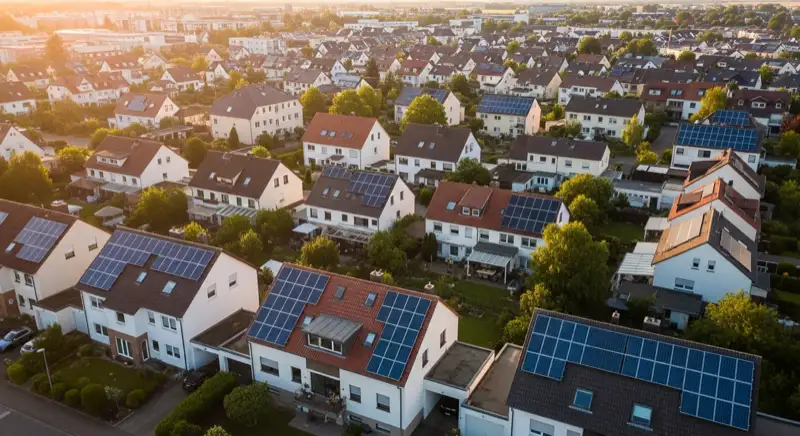 Aerial drone view of typical German residential neighborhood with mixed roof types, red and dark roof tiles, gardens visible, sunny day