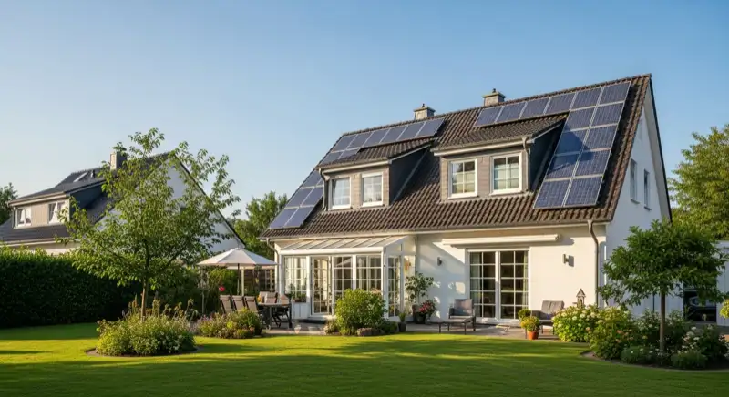 German detached house (Einfamilienhaus) with photovoltaic panels on pitched roof, well-maintained garden, warm afternoon sunlight