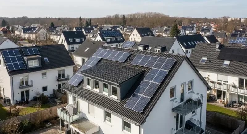 Fotorealistisches Einfamilienhausdach mit PV-Modulen in einem Nordhäuser Wohngebiet