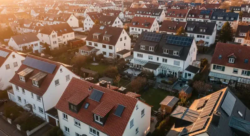 Aerial drone view of typical German residential neighborhood with mixed roof types, red and dark roof tiles, gardens visible, sunny day