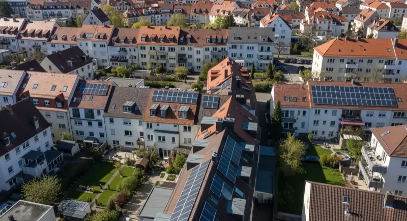 Aerial drone view of typical German residential neighborhood with mixed roof types, red and dark roof tiles, gardens visible, sunny day