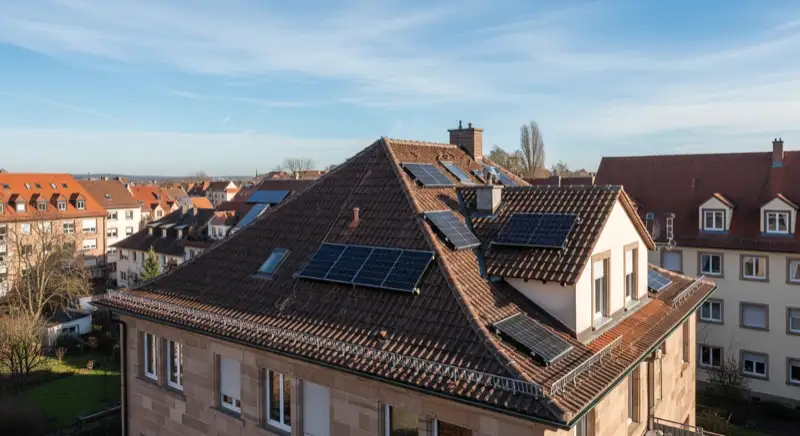 Installateur bei Dachanalyse auf Nürnberger Wohnhaus mit Maßband und Prüfgerät
