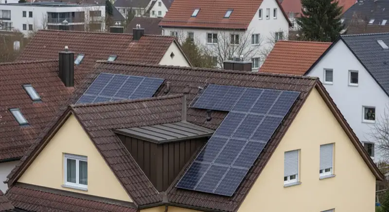 Satteldach eines Einfamilienhauses in Nürtingen mit PV-Modulen in einem Wohngebiet
