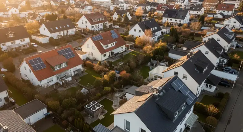 Aerial drone view of typical German residential neighborhood with mixed roof types, red and dark roof tiles, gardens visible, sunny day
