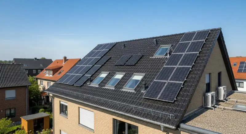 Historische Zechensiedlung Eisenheim mit unauffällig integrierten schwarzen Solarmodulen auf Schieferdach