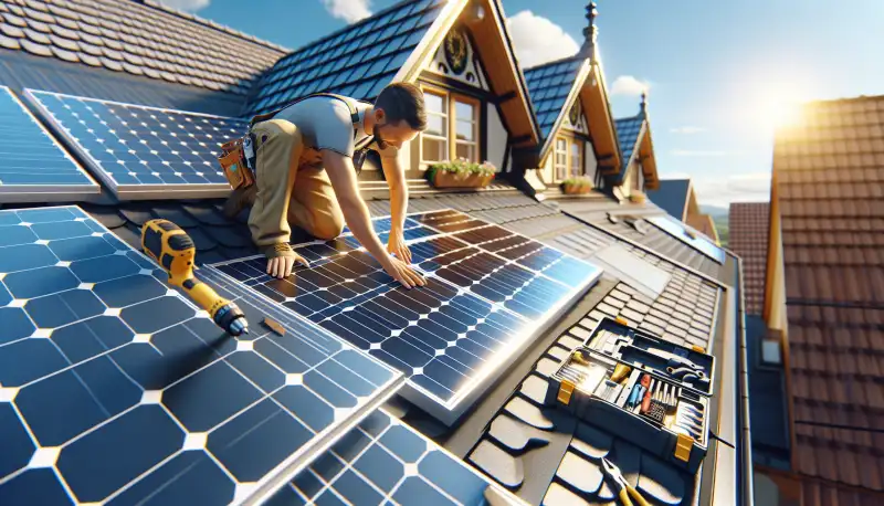 Solarinstallateur montiert PV-Module auf einem Dach in Oberhausen
