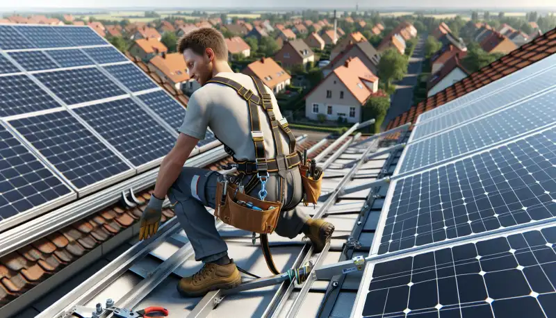 Solartechniker bei der Montage von Halterungsschienen auf einem Dach in Oberhausen