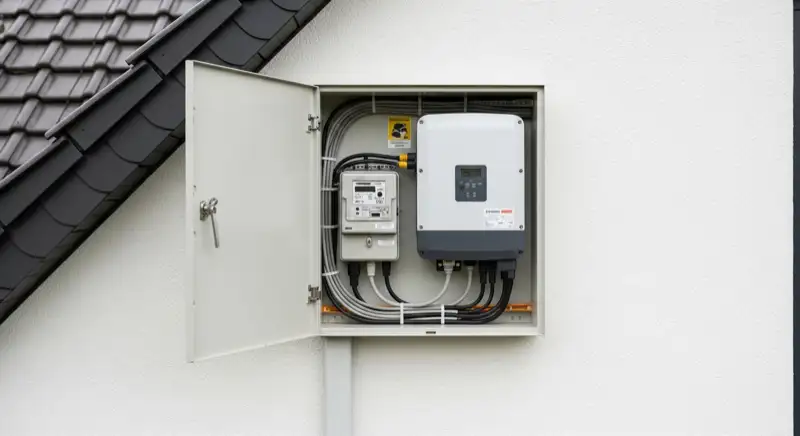 Modern German electrical meter cabinet (Zählerschrank) with smart meter and solar inverter connection, clean technical installation