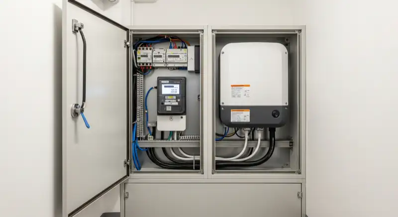 Modern German electrical meter cabinet (Zählerschrank) with smart meter and solar inverter connection, clean technical installation