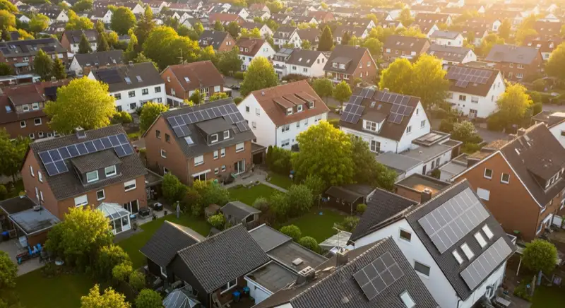 Aerial drone view of typical German residential neighborhood with mixed roof types, red and dark roof tiles, gardens visible, sunny day