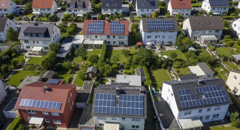 Aerial drone view of typical German residential neighborhood with mixed roof types, red and dark roof tiles, gardens visible, sunny day