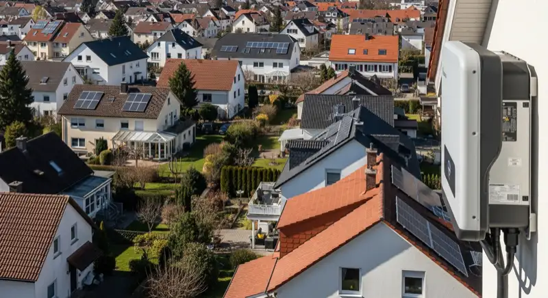 Aerial drone view of typical German residential neighborhood with mixed roof types, red and dark roof tiles, gardens visible, sunny day