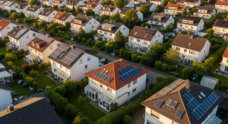 Aerial drone view of typical German residential neighborhood with mixed roof types, red and dark roof tiles, gardens visible, sunny day