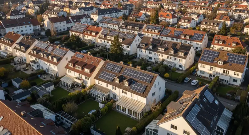 Aerial drone view of typical German residential neighborhood with mixed roof types, red and dark roof tiles, gardens visible, sunny day
