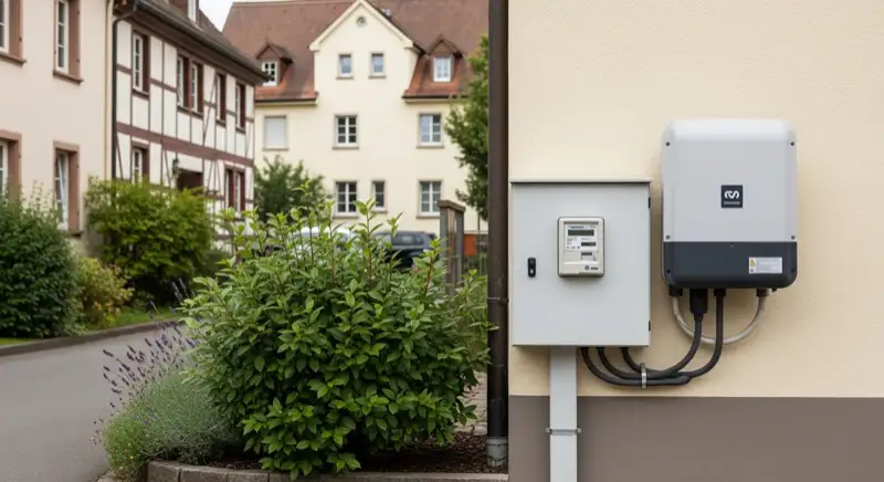 Modern German electrical meter cabinet (Zählerschrank) with smart meter and solar inverter connection, clean technical installation