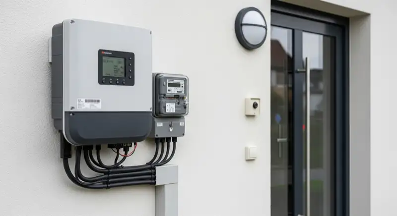 Modern German electrical meter cabinet (Zählerschrank) with smart meter and solar inverter connection, clean technical installation