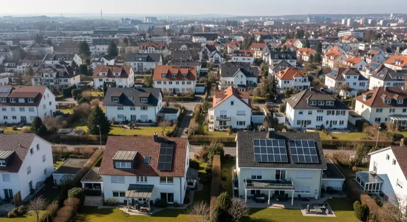 Aerial drone view of typical German residential neighborhood with mixed roof types, red and dark roof tiles, gardens visible, sunny day