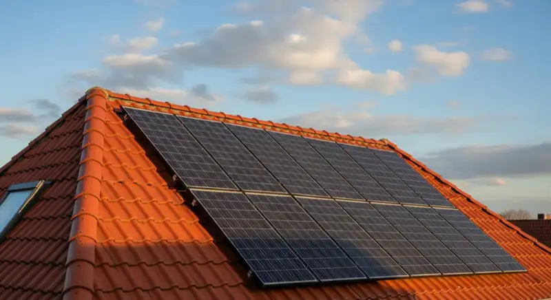 Close-up of photovoltaic solar panels installed on a traditional German Satteldach (gabled roof), blue sky with some clouds