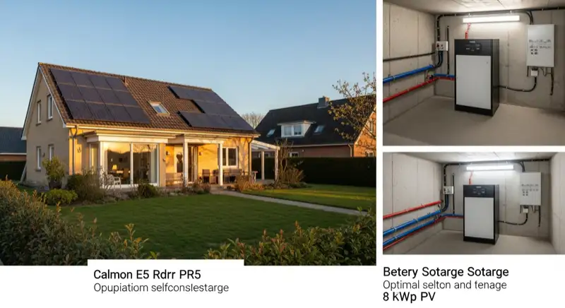 Einfamilienhaus in Oldenburg mit PV-Anlage auf dem Dach und Batteriespeicher im beleuchteten Kellerraum