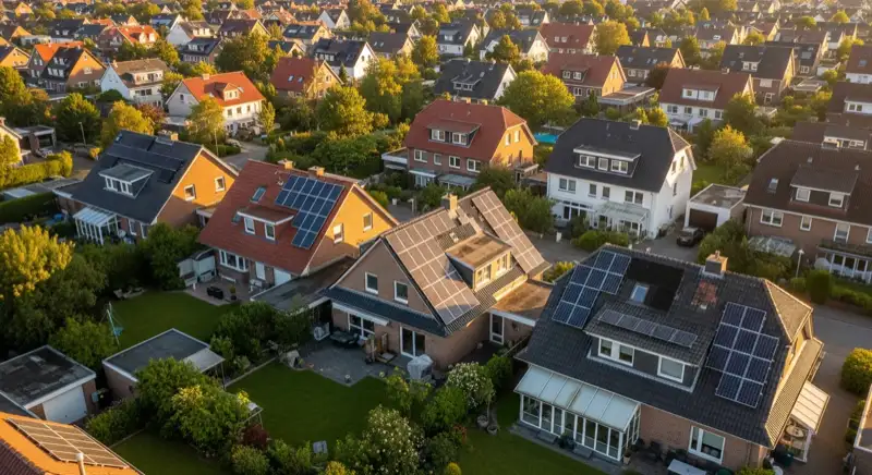 Aerial drone view of typical German residential neighborhood with mixed roof types, red and dark roof tiles, gardens visible, sunny day