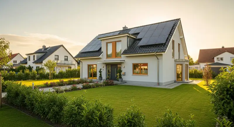 German detached house (Einfamilienhaus) with photovoltaic panels on pitched roof, well-maintained garden, warm afternoon sunlight
