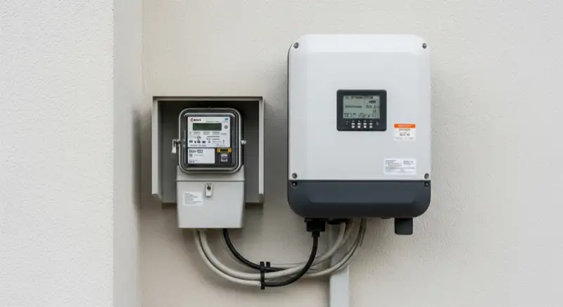 Modern German electrical meter cabinet (Zählerschrank) with smart meter and solar inverter connection, clean technical installation