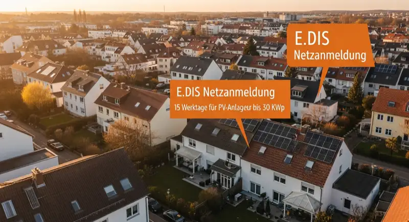 Aerial drone view of typical German residential neighborhood with mixed roof types, red and dark roof tiles, gardens visible, sunny day