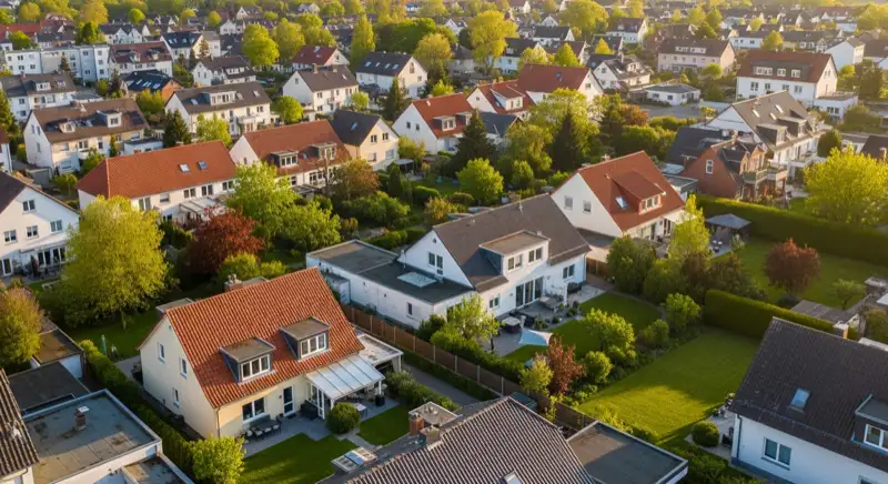 Aerial drone view of typical German residential neighborhood with mixed roof types, red and dark roof tiles, gardens visible, sunny day