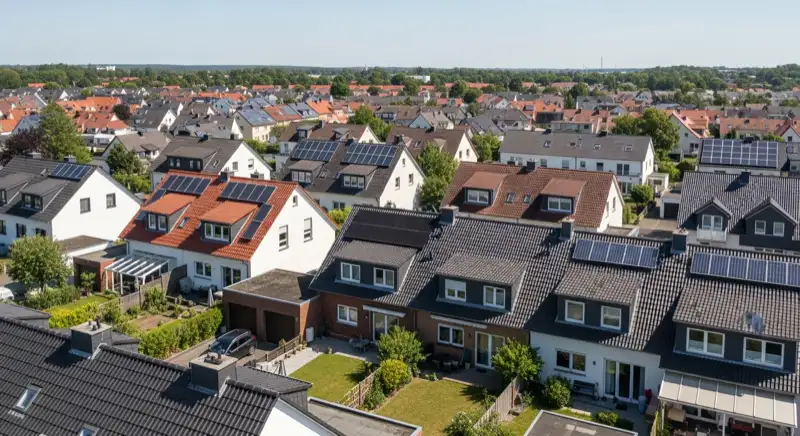 Aerial drone view of typical German residential neighborhood with mixed roof types, red and dark roof tiles, gardens visible, sunny day