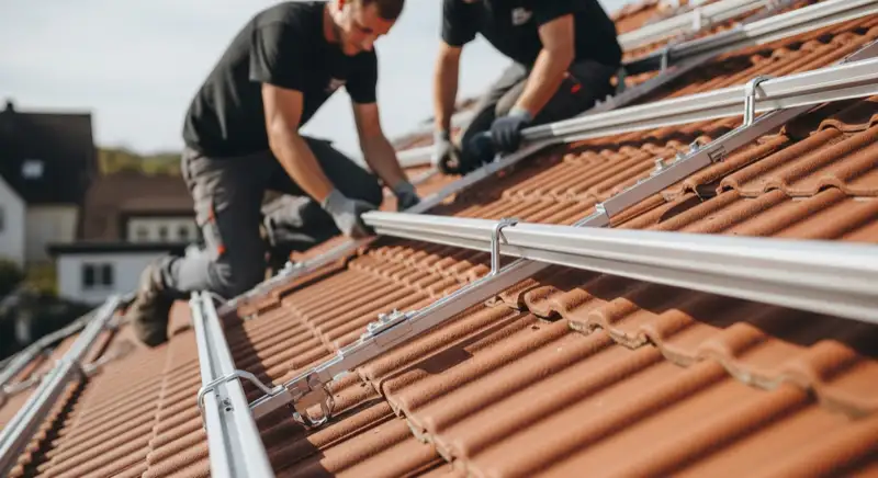 Nahaufnahme der Montage von Halterungsschienen auf einem Ziegeldach in Paderborn