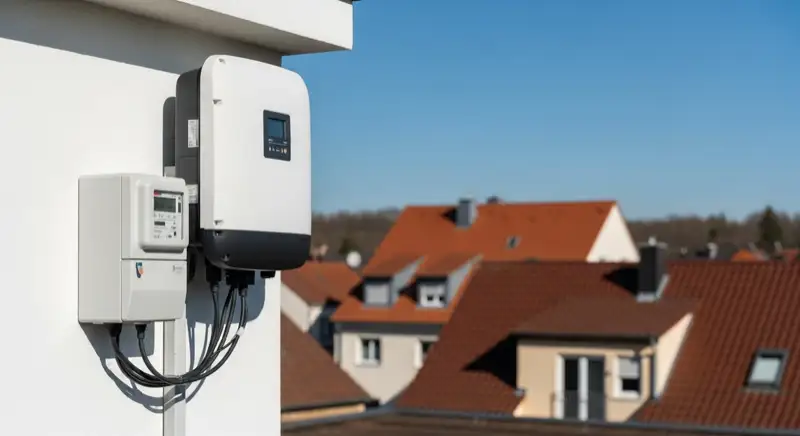 Modern German electrical meter cabinet (Zählerschrank) with smart meter and solar inverter connection, clean technical installation