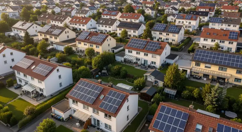 Aerial drone view of typical German residential neighborhood with mixed roof types, red and dark roof tiles, gardens visible, sunny day