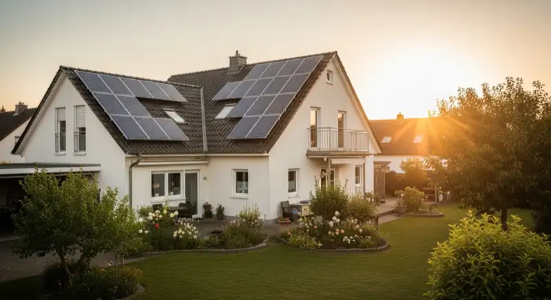 German detached house (Einfamilienhaus) with photovoltaic panels on pitched roof, well-maintained garden, warm afternoon sunlight