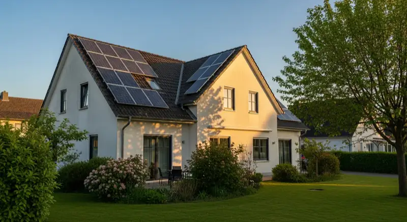 German detached house (Einfamilienhaus) with photovoltaic panels on pitched roof, well-maintained garden, warm afternoon sunlight